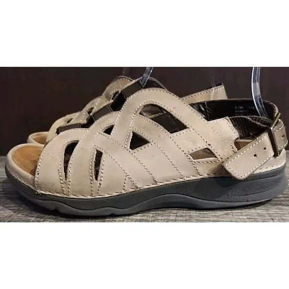 Barefoot Freedom Sandals Womens 6.5 Wide Sandy Elastic Ankle Buckle Tan Leather