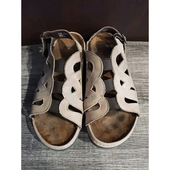 Barefoot Freedom Sandals Womens 6.5 Wide Sandy Elastic Ankle Buckle Tan Leather