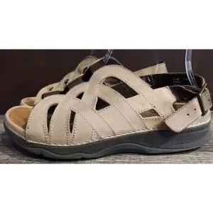 Barefoot Freedom Sandals Womens 6.5 Wide Sandy Elastic Ankle Buckle Tan Leather