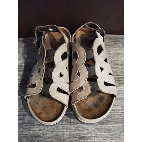Barefoot Freedom Sandals Womens 6.5 Wide Sandy Elastic Ankle Buckle Tan Leather