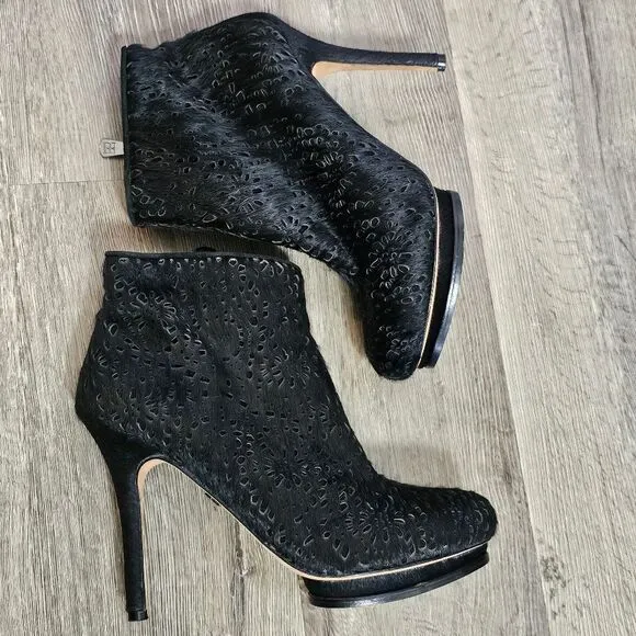BCBGMaxAzria Ven Ankle Boots Heel Zip Pony Hair Black 8.5B edgy glam rock