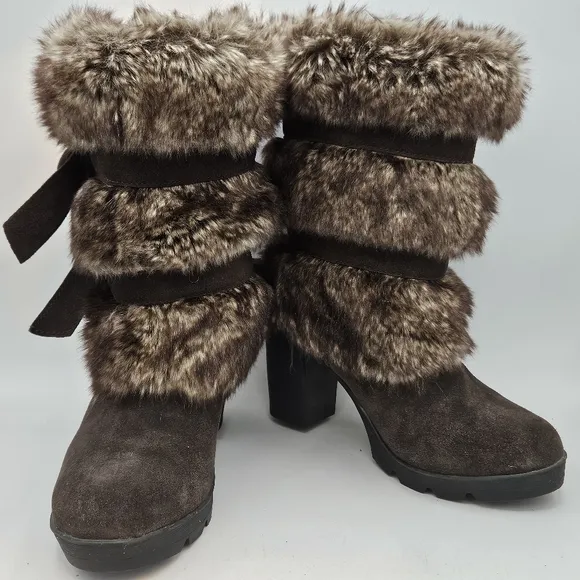BearPaw Bridget 3.25&quot; heel faux fur boots size 5