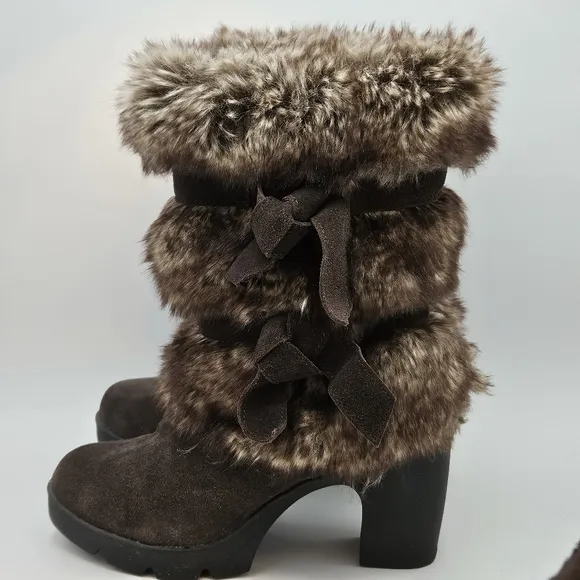 BearPaw Bridget 3.25&quot; heel faux fur boots size 5
