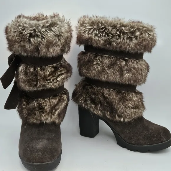 BearPaw Bridget 3.25&quot; heel faux fur boots size 5