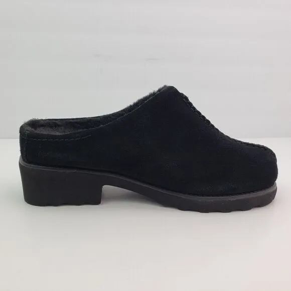 BearPaw Emily Womens Size 9 Black Suede Sheepskin Slip On Comfort Mule Shoes