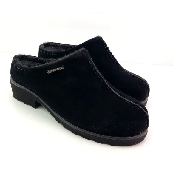 BearPaw Emily Womens Size 9 Black Suede Sheepskin Slip On Comfort Mule Shoes