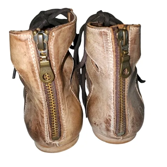 BED|STU / ROAN Tan/Biege Distressed Leather Lace Up/ Zip‎ Up Sandals Women's 7