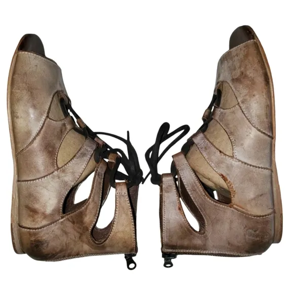 BED|STU / ROAN Tan/Biege Distressed Leather Lace Up/ Zip‎ Up Sandals Women's 7