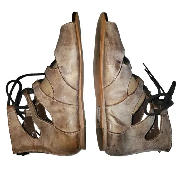 BED|STU / ROAN Tan/Biege Distressed Leather Lace Up/ Zip‎ Up Sandals Women's 7