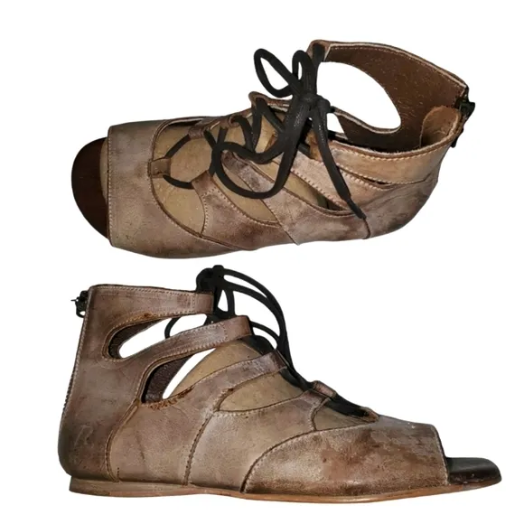 BED|STU / ROAN Tan/Biege Distressed Leather Lace Up/ Zip‎ Up Sandals Women's 7