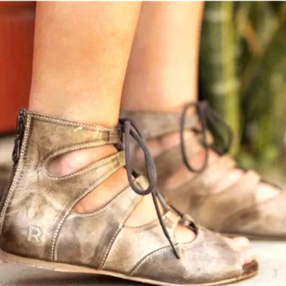 BED|STU / ROAN Tan/Biege Distressed Leather Lace Up/ Zip‎ Up Sandals Women's 7