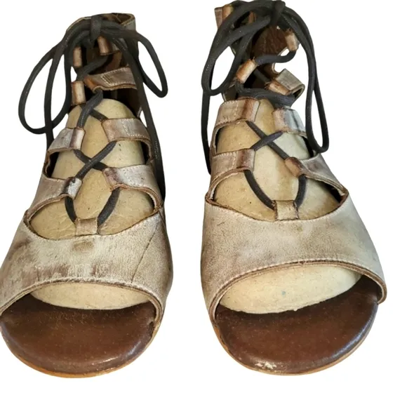 BED|STU / ROAN Tan/Biege Distressed Leather Lace Up/ Zip‎ Up Sandals Women's 7