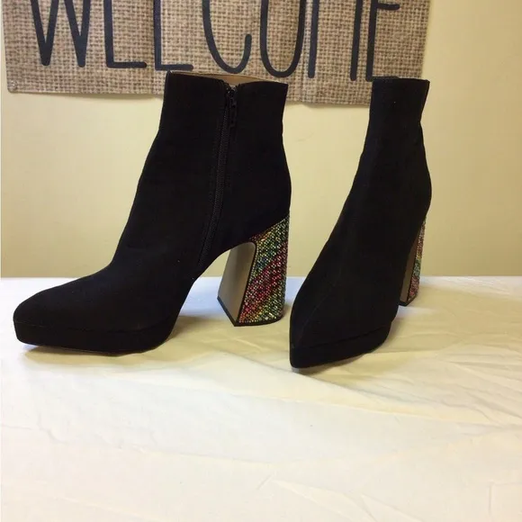 Betsey Johnson Black Heeled Boots with Geometric Heel Rhinestone