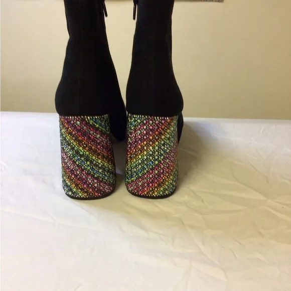 Betsey Johnson Black Heeled Boots with Geometric Heel Rhinestone
