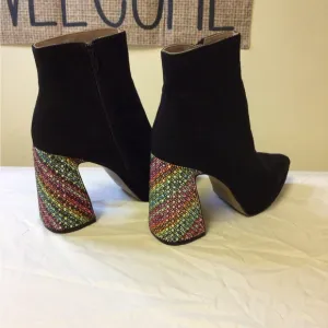 Betsey Johnson Black Heeled Boots with Geometric Heel Rhinestone