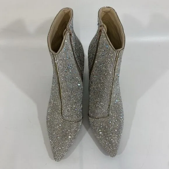 Betsey Johnson Cady Go Go Ankle Boots Silver Rhinestone Disco Dancing 9.5