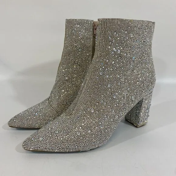 Betsey Johnson Cady Go Go Ankle Boots Silver Rhinestone Disco Dancing 9.5