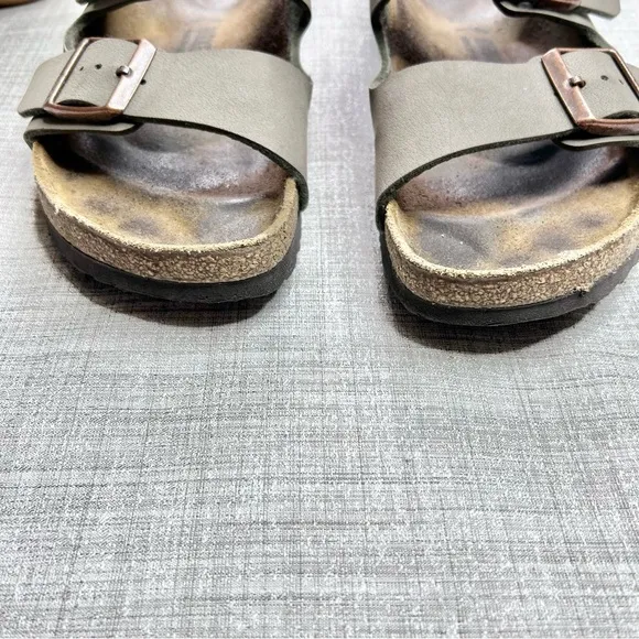 Birkenstock Arizona leather soft footbed buckle sandals, greige/ tobacco brown
