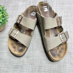 Birkenstock Arizona leather soft footbed buckle sandals, greige/ tobacco brown