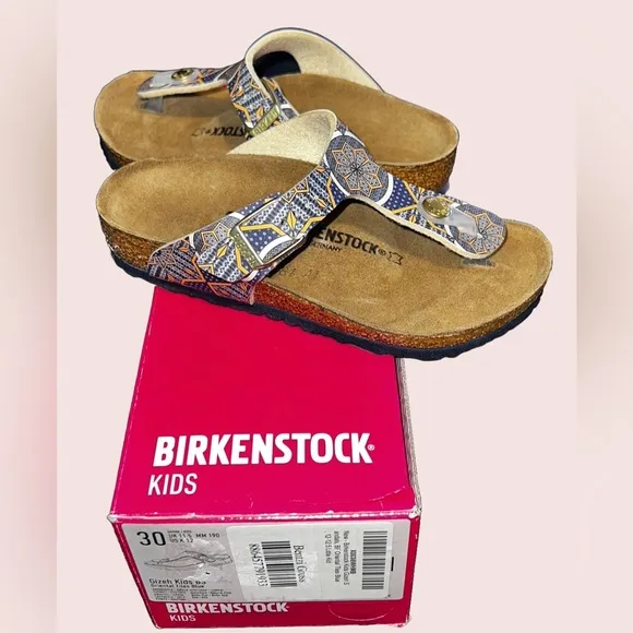Birkenstock Bentzi Gross Gizeh Kids Oriental Tiles Blue Sandals, Size US 12
