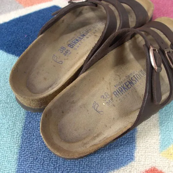 Birkenstock Florida Brown THREE Strap Size 38 L 7 -7.5 GERMANY Women's Sandals