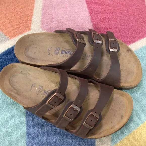 Birkenstock Florida Brown THREE Strap Size 38 L 7 -7.5 GERMANY Women's Sandals