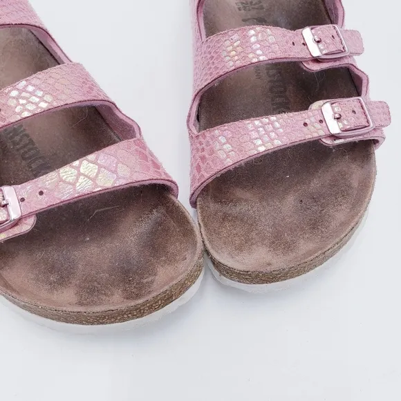 Birkenstock Florida Fresh Vegan 3 Strap Slide Sandals in Shiny Snake Rose EU 37