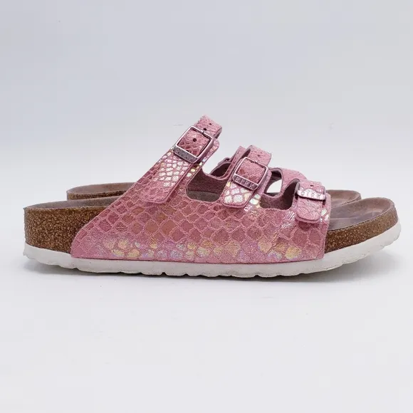 Birkenstock Florida Fresh Vegan 3 Strap Slide Sandals in Shiny Snake Rose EU 37