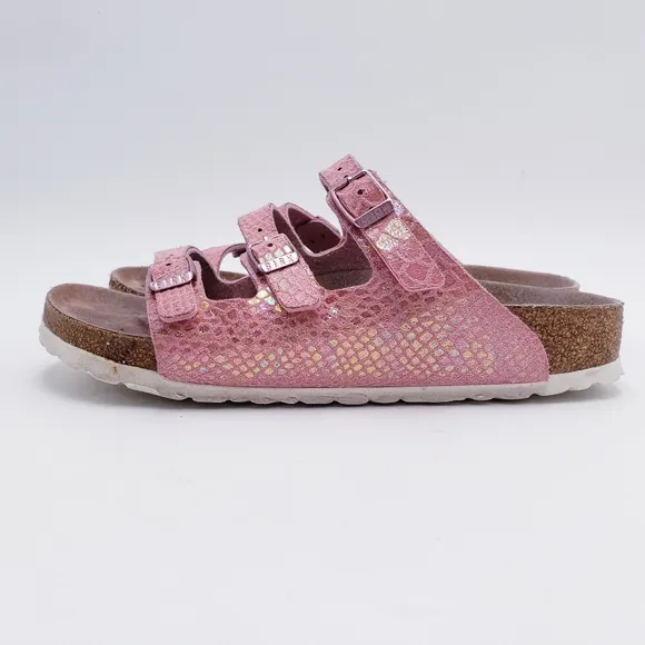 Birkenstock Florida Fresh Vegan 3 Strap Slide Sandals in Shiny Snake Rose EU 37