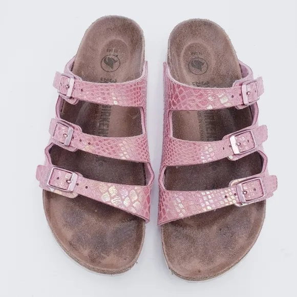 Birkenstock Florida Fresh Vegan 3 Strap Slide Sandals in Shiny Snake Rose EU 37
