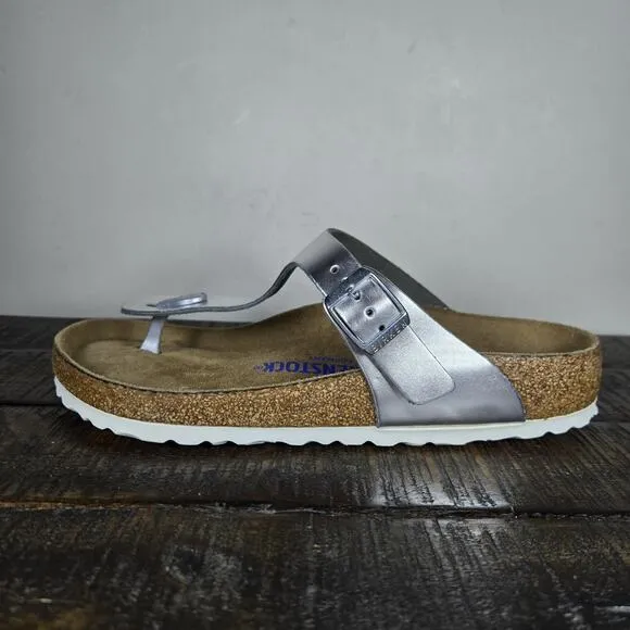 Birkenstock Gizeh Womens Size 7 EU 38 Regular Beach Sandals Silver Metallic Soft