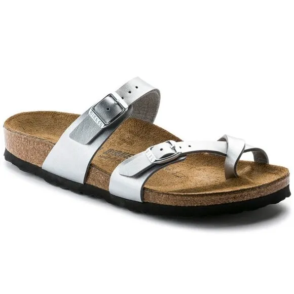 Birkenstocks Mayari Slip On Two Straps Single Loop Sandals Silver/Tan Women's 6