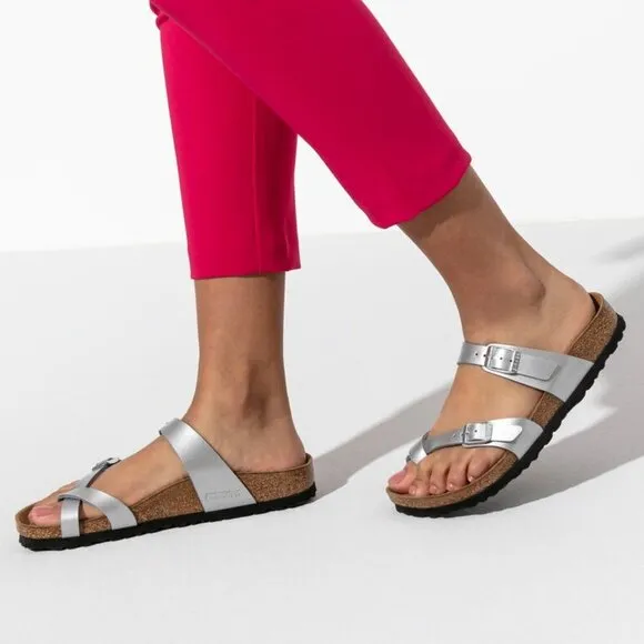 Birkenstocks Mayari Slip On Two Straps Single Loop Sandals Silver/Tan Women's 6