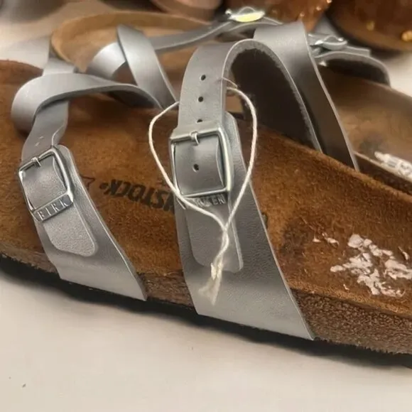 Birkenstocks Mayari Slip On Two Straps Single Loop Sandals Silver/Tan Women's 6