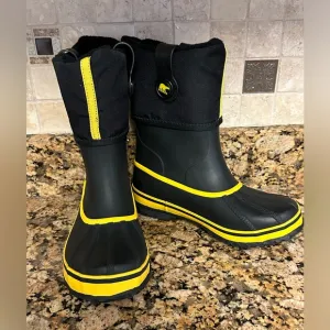 Black‎ &amp; Yellow Sorel Rain Boots With Warming Inserts Size 4 - NEW