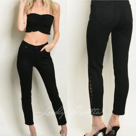 Black Ankle Lace Up Denim Jeans