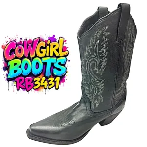 Black Cowgirl Boots RB3431 Black Snip Toe Cowboy Size 9 Medium Pre-Owned
