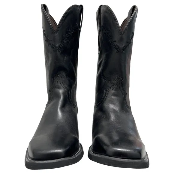 Black Leather Cowboy Cowgirl Western Barbed Wire Square Toe Treaded Work Boots