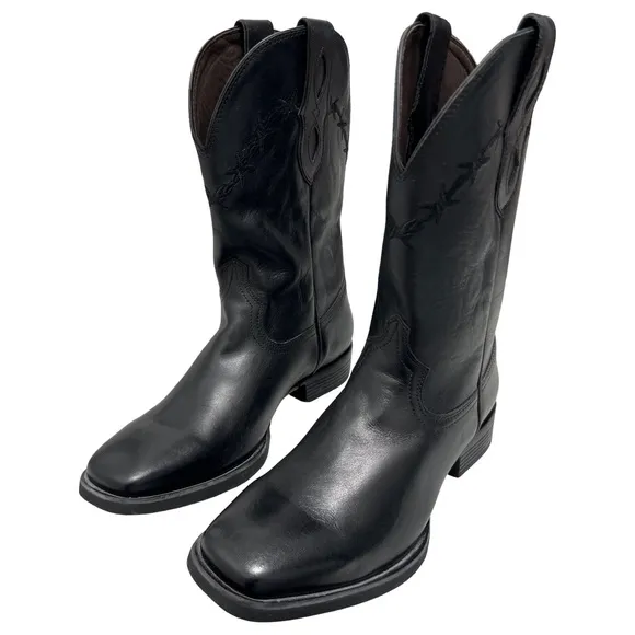 Black Leather Cowboy Cowgirl Western Barbed Wire Square Toe Treaded Work Boots