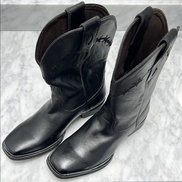 Black Leather Cowboy Cowgirl Western Barbed Wire Square Toe Treaded Work Boots