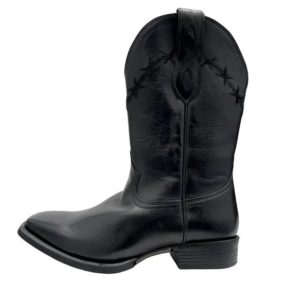 Black Leather Cowboy Cowgirl Western Barbed Wire Square Toe Treaded Work Boots