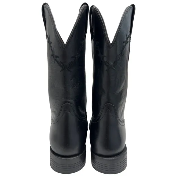Black Leather Cowboy Cowgirl Western Barbed Wire Square Toe Treaded Work Boots