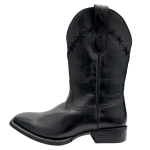 Black Leather Cowboy Cowgirl Western Barbed Wire Square Toe Treaded Work Boots