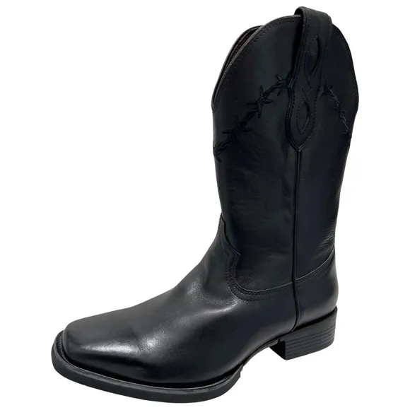 Black Leather Cowboy Cowgirl Western Barbed Wire Square Toe Treaded Work Boots