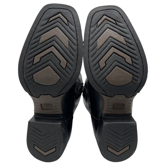 Black Leather Cowboy Cowgirl Western Barbed Wire Square Toe Treaded Work Boots