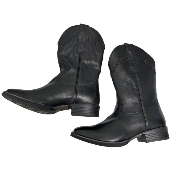 Black Leather Cowboy Cowgirl Western Barbed Wire Square Toe Treaded Work Boots