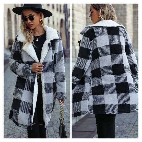 Black Plaid Open Front Coat
