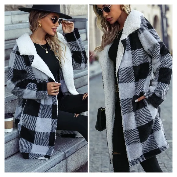 Black Plaid Open Front Coat