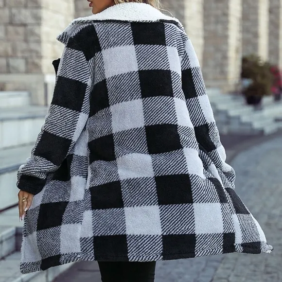 Black Plaid Open Front Coat