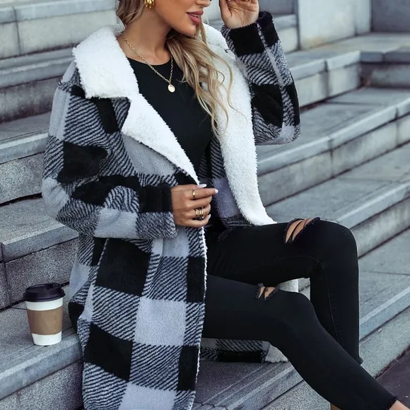 Black Plaid Open Front Coat